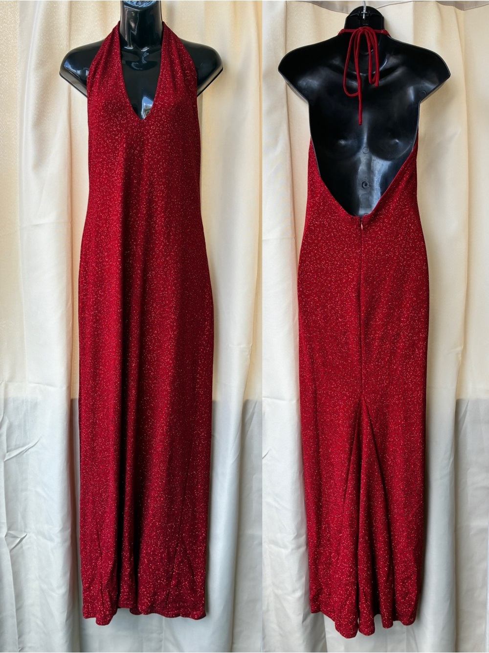 Vintage Y2K Jessica McClintock Gunne Sax Red Glitter Halter Maxi Dress Medium